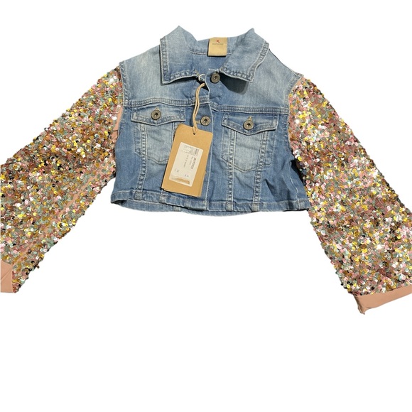 Sparkling Denim Jacket with Sequin Sleeves - Picture 1 of 2